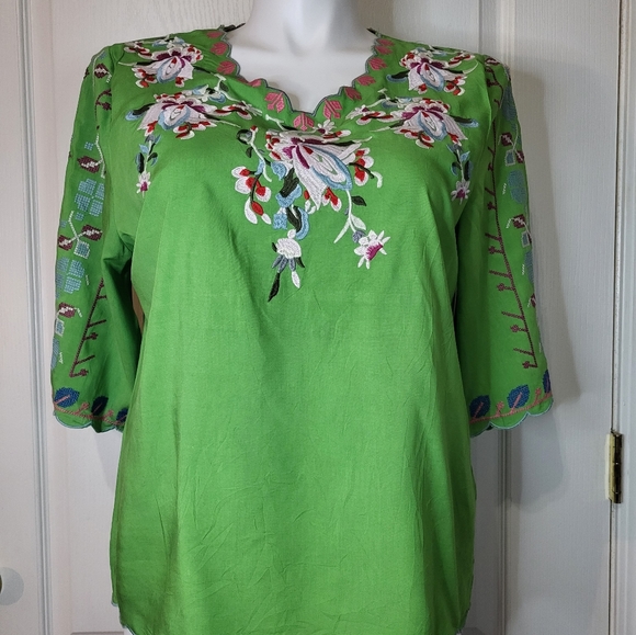 Coruja Green Embroidered 3/4 Sleeve Blouse Boho - Picture 3 of 13